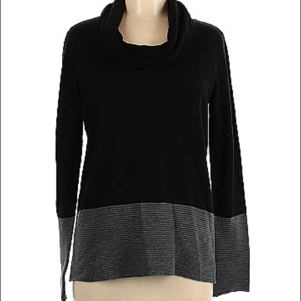CALVIN KLEIN - Tailored Cowl Neck Color Block / Striped Sweater Black and Grey